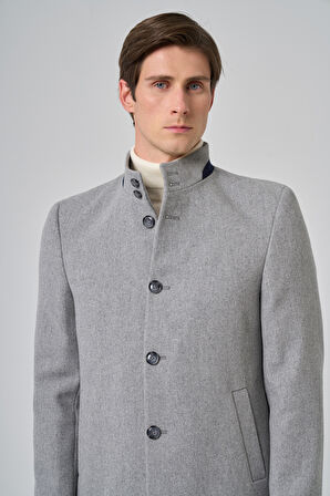  Erkek Gri Yünlü Düz Dynamic Fit Hakim Yaka Kaban