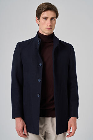  Erkek Lacivert Yünlü Düz Dynamic Fit Hakim Yaka Kaban