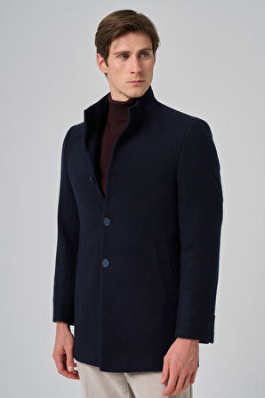  Erkek Lacivert Yünlü Düz Dynamic Fit Hakim Yaka Kaban