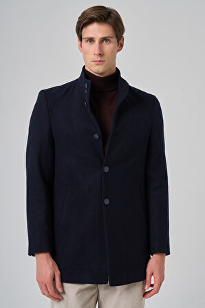  Erkek Lacivert Yünlü Düz Dynamic Fit Hakim Yaka Kaban