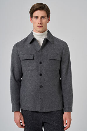  Erkek Füme Yünlü Berberi Yaka Çift Kapak Cepli Gömlek Ceket