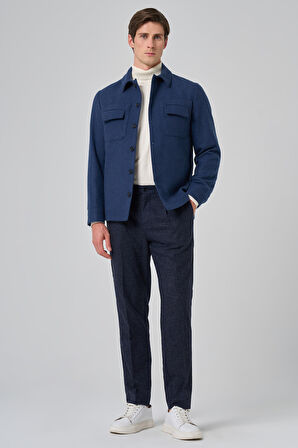  Erkek İndigo Yünlü Berberi Yaka Çift Kapak Cepli Gömlek Ceket