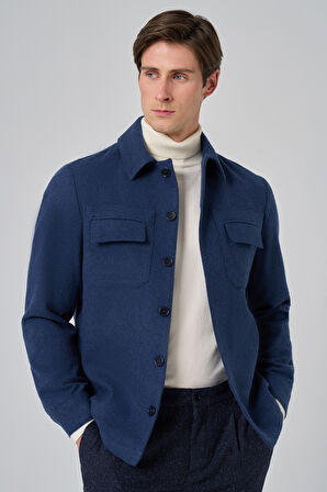  Erkek İndigo Yünlü Berberi Yaka Çift Kapak Cepli Gömlek Ceket