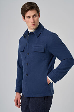  Erkek İndigo Yünlü Berberi Yaka Çift Kapak Cepli Gömlek Ceket