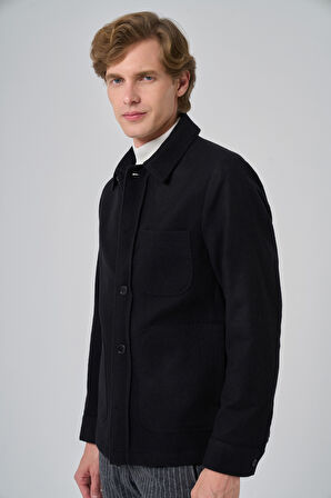  Erkek Siyah Yünlü Berberi Yaka Gömlek Ceket