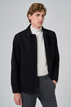  Erkek Siyah Yünlü Berberi Yaka Gömlek Ceket