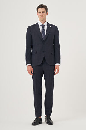  Erkek Lacivert Yünlü Trend Ekoseli Slim Fit Sivri Yaka Takım Elbise