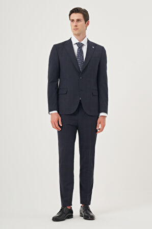  Erkek Lacivert Yünlü Trend Ekoseli Slim Fit Sivri Yaka Takım Elbise