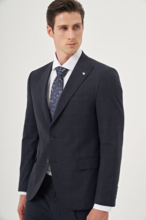  Erkek Lacivert Yünlü Trend Ekoseli Slim Fit Sivri Yaka Takım Elbise