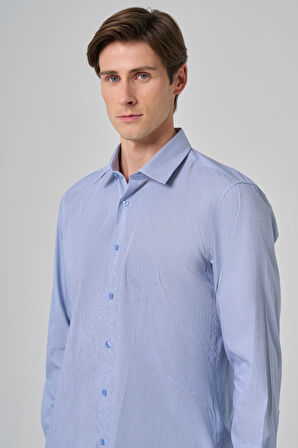  Erkek Lacivert Çizgili Regular Fit Sert Yaka Gömlek