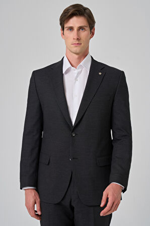  Erkek Siyah Yünlü Trend Desenli Dynamic Fit Mono Yaka Takım Elbise