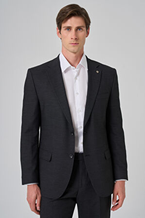  Erkek Siyah Yünlü Trend Desenli Dynamic Fit Mono Yaka Takım Elbise