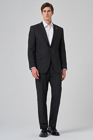  Erkek Siyah Yünlü Trend Desenli Dynamic Fit Mono Yaka Takım Elbise