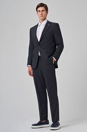  Erkek Lacivert Yünlü Trend Desenli Dynamic Fit Mono Yaka Takım Elbise