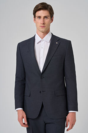  Erkek Lacivert Yünlü Trend Desenli Dynamic Fit Mono Yaka Takım Elbise