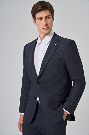  Erkek Lacivert Yünlü Trend Desenli Dynamic Fit Mono Yaka Takım Elbise