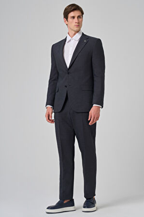  Erkek Lacivert Yünlü Trend Desenli Dynamic Fit Mono Yaka Takım Elbise