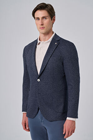  Erkek Lacivert Örme Trend Desenli Slim Fit Mono Yaka Ceket