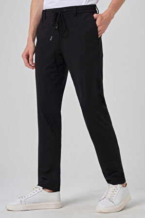  Erkek Siyah Örme Trend İpli Slim Fit Jogger Pantolon