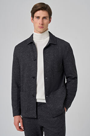  Erkek Siyah Yünlü Berberi Yaka Torba Cepli Gömlek