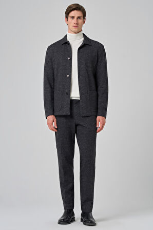  Erkek Siyah Yünlü Berberi Yaka Torba Cepli Gömlek