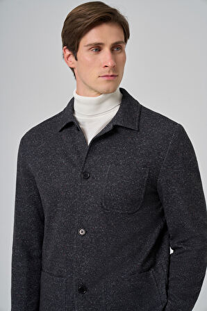  Erkek Siyah Yünlü Berberi Yaka Torba Cepli Gömlek