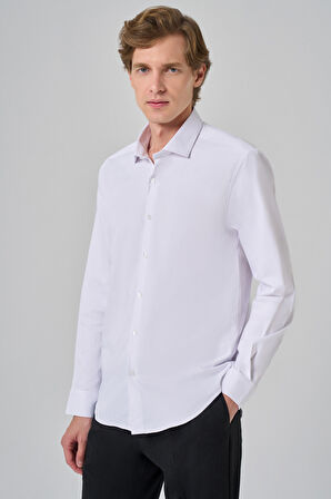 Erkek Beyaz Basic Düz Desen İtalyan Yaka Slim Fit Gömlek