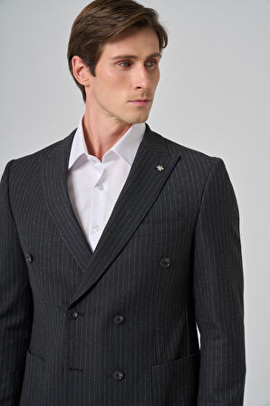  Erkek Füme Poliviskon Trend Çizgili Slim Fit Sivri Yaka Kruvaze Takım Elbise