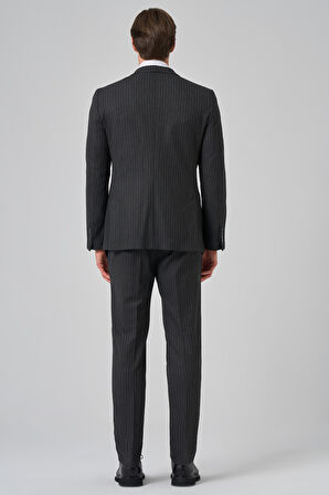  Erkek Füme Poliviskon Trend Çizgili Slim Fit Sivri Yaka Kruvaze Takım Elbise
