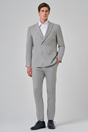  Erkek Gri Poliviskon Trend Çizgili Slim Fit Sivri Yaka Kruvaze Takım Elbise