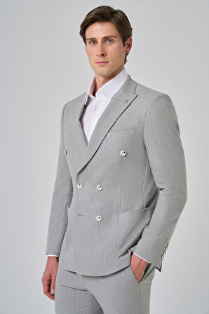  Erkek Gri Poliviskon Trend Çizgili Slim Fit Sivri Yaka Kruvaze Takım Elbise