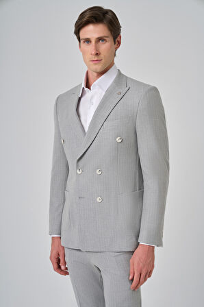  Erkek Gri Poliviskon Trend Çizgili Slim Fit Sivri Yaka Kruvaze Takım Elbise