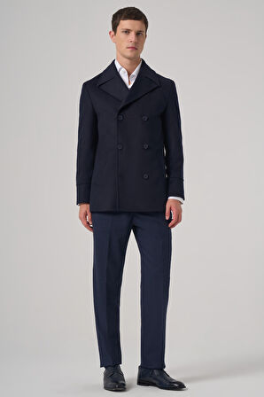  Erkek Lacivert Yünlü Kruvaze Dynamic Fit Sivri Yaka Kaban