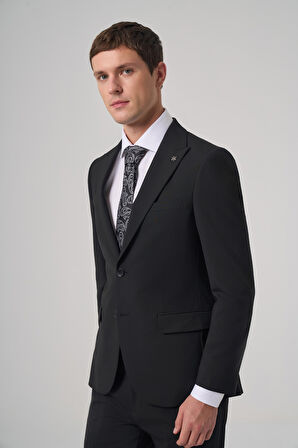  Erkek Siyah Poliviskon Basic Slim Fit Sivri Yaka Takım Elbise
