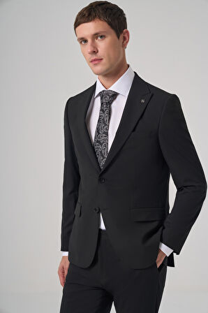 Erkek Siyah Poliviskon Basic Slim Fit Sivri Yaka Takım Elbise