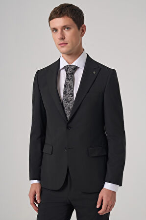  Erkek Siyah Poliviskon Basic Slim Fit Sivri Yaka Takım Elbise