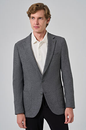  Erkek Siyah Poliviskon Trend Desenli Slim Fit Mono Yaka Dokuma Ceket