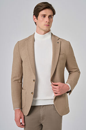  Erkek Bej Poliviskon Trend Desenli Slim Fit Mono Yaka Dokuma Ceket
