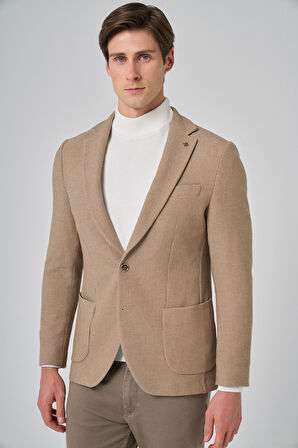  Erkek Bej Poliviskon Trend Desenli Slim Fit Mono Yaka Dokuma Ceket
