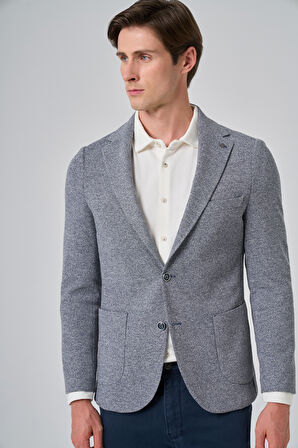 Erkek Lacivert Örme Trend Desenli Slim Fit Mono Yaka Ceket