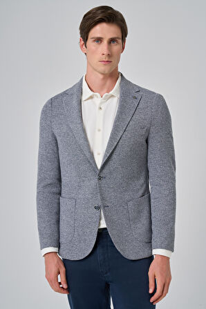  Erkek Lacivert Örme Trend Desenli Slim Fit Mono Yaka Ceket