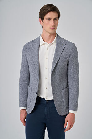  Erkek Lacivert Örme Trend Desenli Slim Fit Mono Yaka Ceket