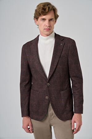  Erkek KAHVE Örme Trend Kareli Slim Fit Mono Yaka Ceket