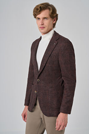  Erkek KAHVE Örme Trend Kareli Slim Fit Mono Yaka Ceket