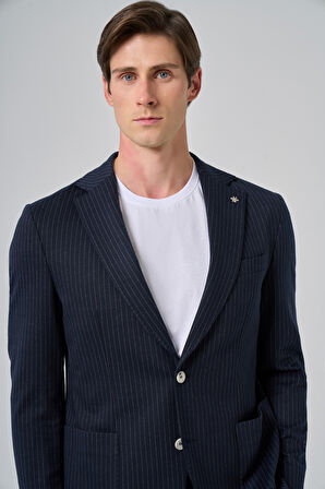  Erkek Lacivert Poliviskon Trend Çizgili Slim Fit Mono Yaka Takım Elbise