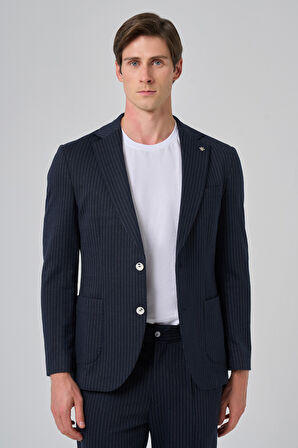  Erkek Lacivert Poliviskon Trend Çizgili Slim Fit Mono Yaka Takım Elbise