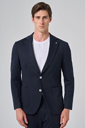  Erkek Lacivert Poliviskon Trend Çizgili Slim Fit Mono Yaka Takım Elbise