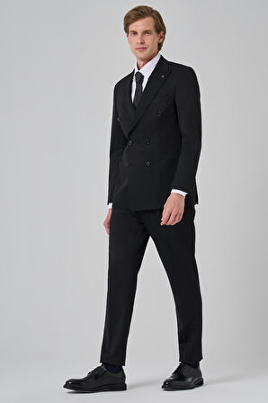  Erkek Siyah Poliviskon Trend Düz Desen Slim Fit Sivri Yaka Kruvaze Takım Elbise