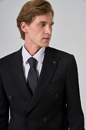  Erkek Siyah Poliviskon Trend Düz Desen Slim Fit Sivri Yaka Kruvaze Takım Elbise