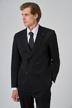  Erkek Siyah Poliviskon Trend Düz Desen Slim Fit Sivri Yaka Kruvaze Takım Elbise